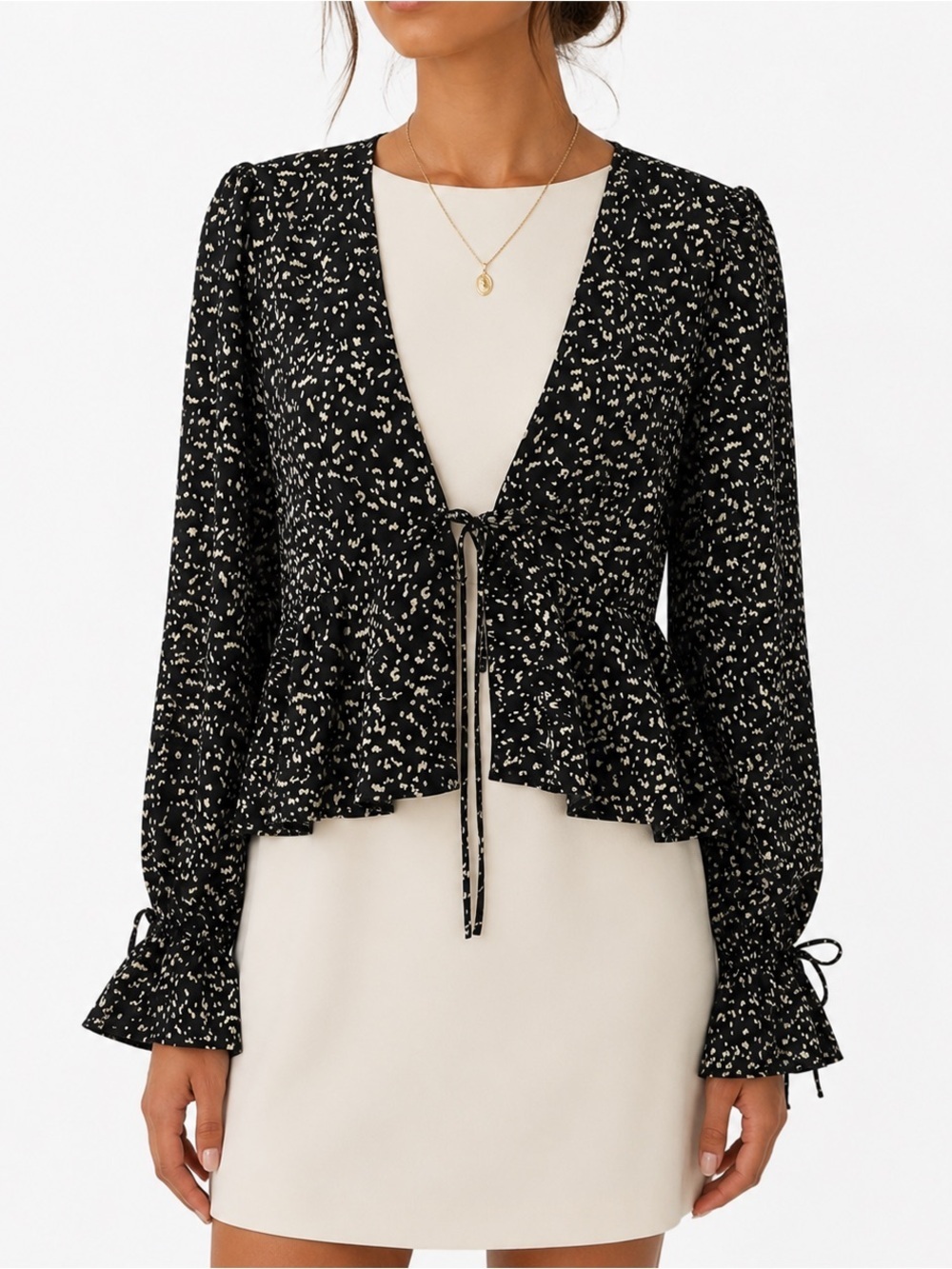 🆕 Peplum Empire Front Topper Statement Top Coverup Jacket Abstract Black Cream L
